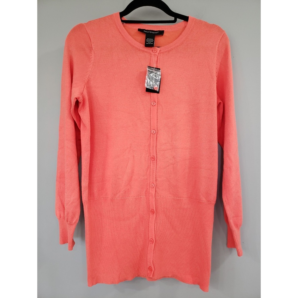 NEW HOT CORAL - Ashley‎ Stewart Women's Size 10/12 Button Cardigan Sweater